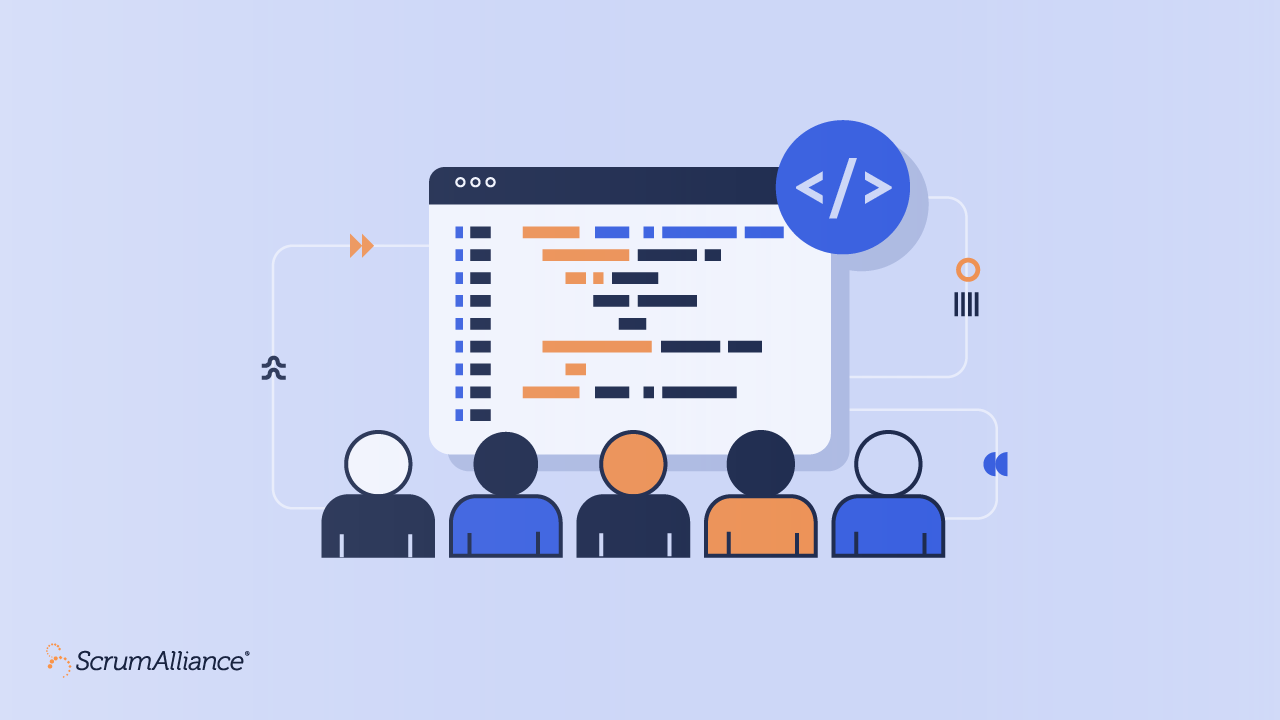 Scrum Alliance-branded graphic showing the concept of 5 people looking at the same code together in mob programming